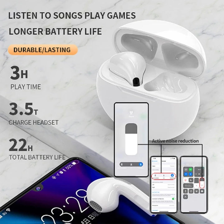 Pro 6 TWS Bluetooth Earbuds - Stereo Sound & Charging Case